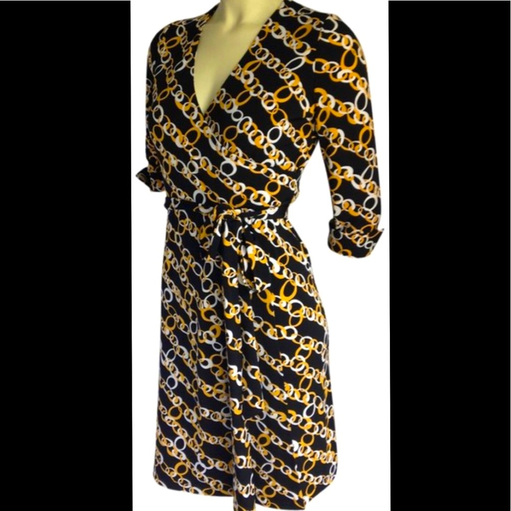 Calvin Klein Chain Faux Wrap Black Gold Dress 6P